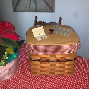 Peterboro Basket Co. NH Heart Knob Wood Covered Basket Gingham Denim Cloth